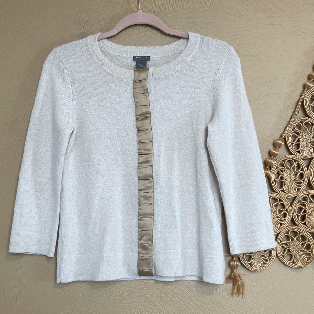 Ann Taylor Merino Wool/Angora Blend Cardigan, Cream & Gold, Medium